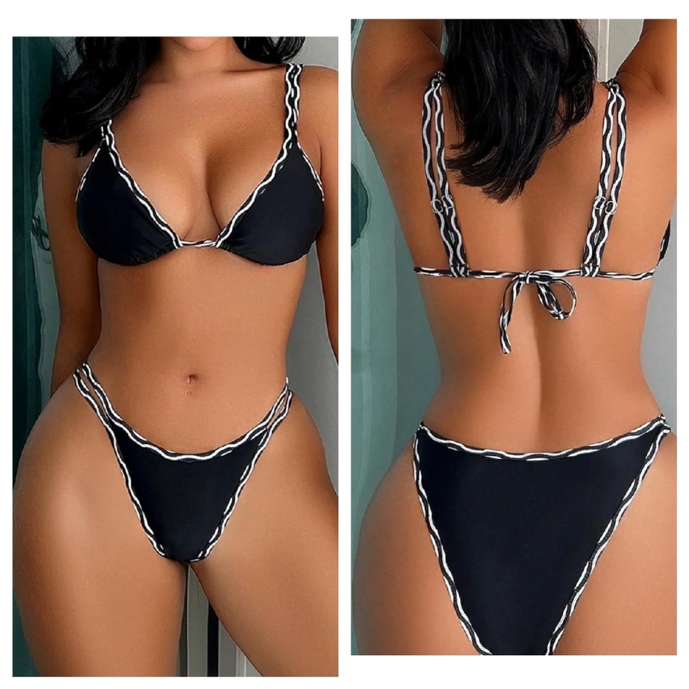 Contrast Trim Tie Back Triangle Bikini Set